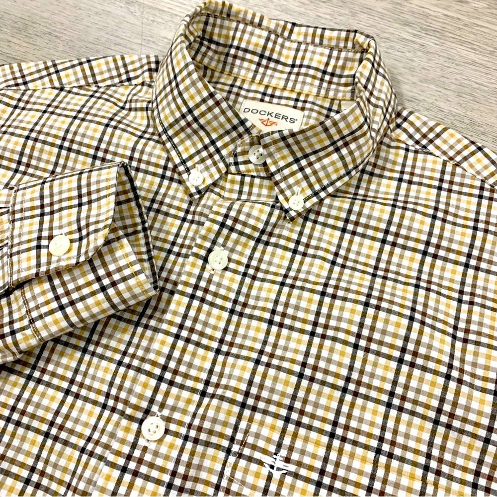 Dockers Mens Small Long Sleeve Yellow Brown Plaid Button Up Shirt